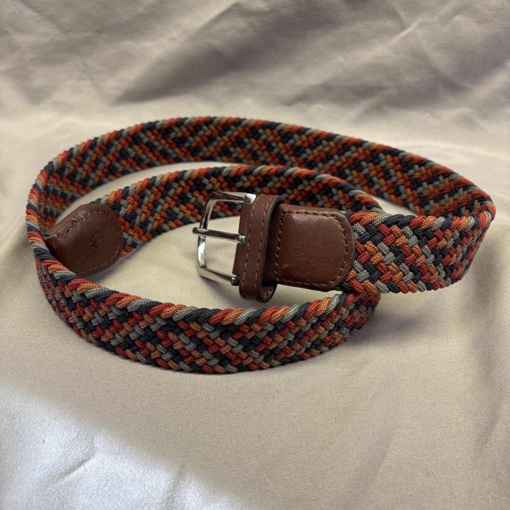 John Henric Sweden Mens Braided Elastic Belt Orange Navy Grey Woven Size 39/100